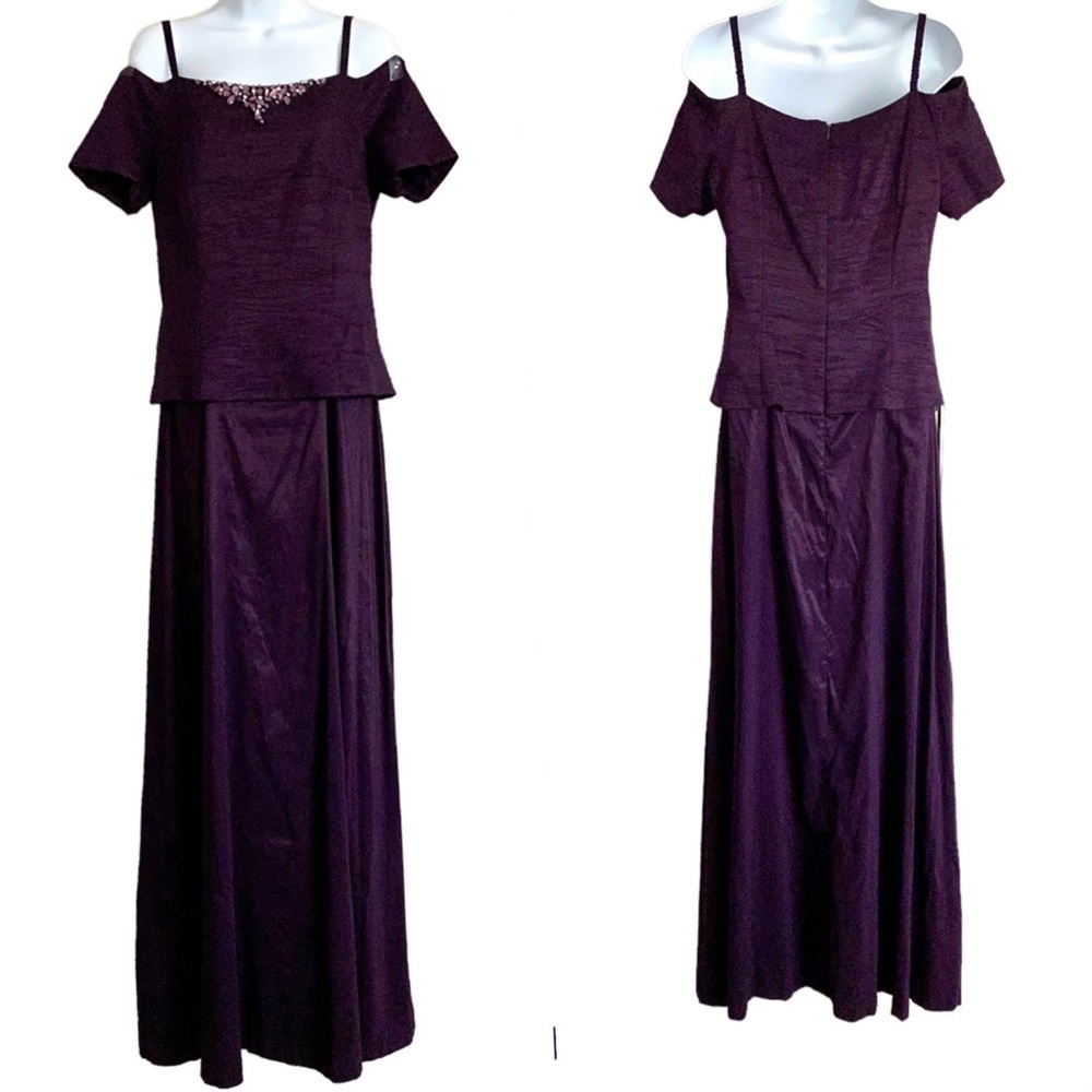 Jessica Howard Plum Off-the-shoulder Gown Sz 12 Short Sleeve Spaghetti Strap